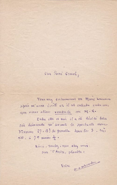 JOUHANDEAU (Marcel). | Billet autographe signé adressé à René Crevel.