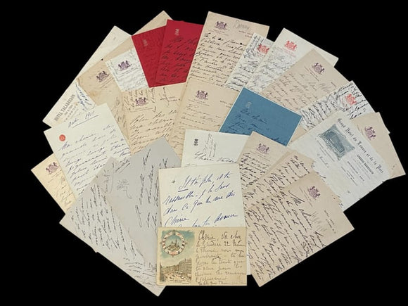 POUGY (Liane de). | 24 lettres autographe signées adressées à Valtesse de la Bigne vers 1901 (soit 4 pages in-4, 9 pages in-8, 82 pages in-12 et une carte postale portant un cachet daté du 7 avril 1901).