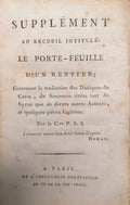 POAN DE SAINT-SIMON. | Supplément au recueil intitulé Le Porte-feuille d'un rentier, contenant la traduction des distiques de Caton, de sentences tirées tant de Syrus que de divers autres auteurs, et quelques pièces fugitives, par le Cen P. S. S...