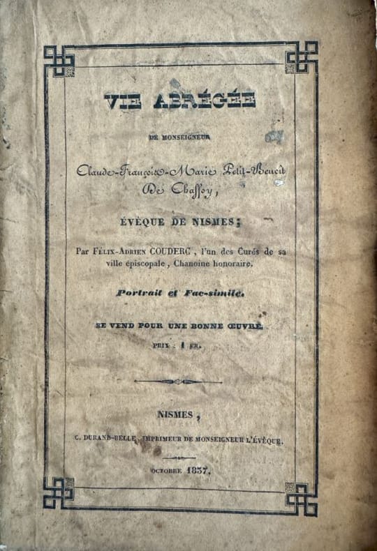 COUDERC (Félix-Adrien). | Vie abrégée de Monseigneur Claude-François-Marie Petit-Benoit de Chaffoy, évêque de Nismes...