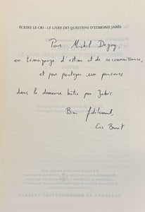 JABES (Edmond) BENOIT (Eric). | Ecrire le cri : Le livre des questions d'Edmond Jabès. Exégèse.