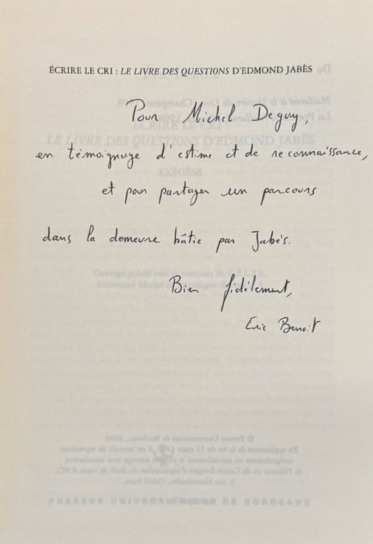 JABES (Edmond) BENOIT (Eric). | Ecrire le cri : Le livre des questions d'Edmond Jabès. Exégèse.