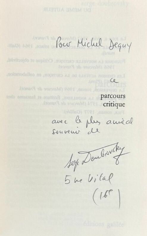 DOUBROVSKY (Serge). | Parcours critique. Essais.