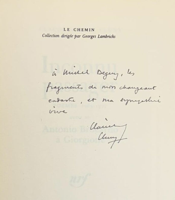 CLUNY (Claude Michel). | Inconnu passager. Poèmes (1965-1977). Suivi de Antonio Brocardo à Giorgione.