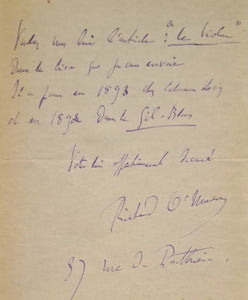 O'MONROY (Richard). | Lettre autographe signée adressée à Jules Claretie.