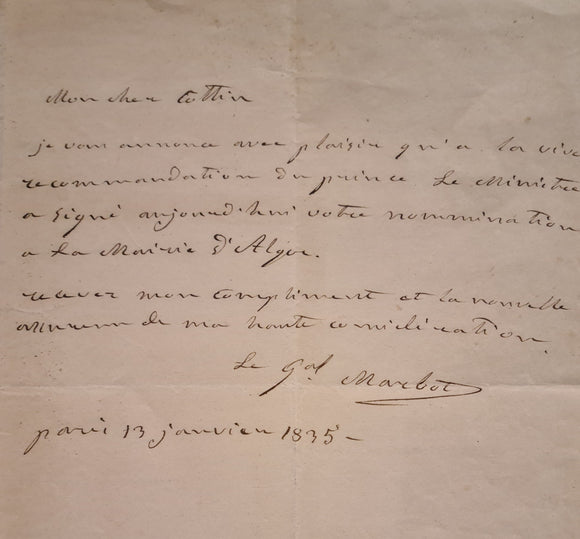 MARBOT (Général Baron de). | Lettre autographe signée à son cher Cottin.