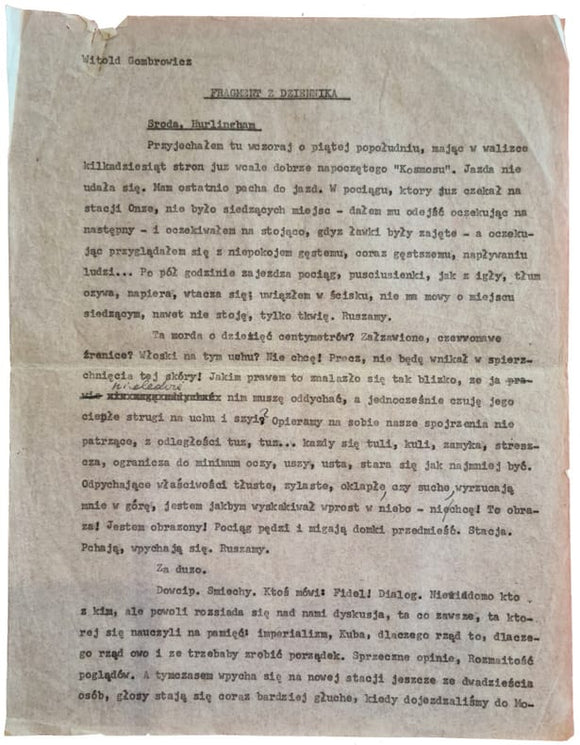 GOMBROWICZ (Witold). | Tapuscrit du chapitre XII du Journal. - Correspondance en polonais et en espagnol adressée à sa compatriote Alicia de Giangrande.