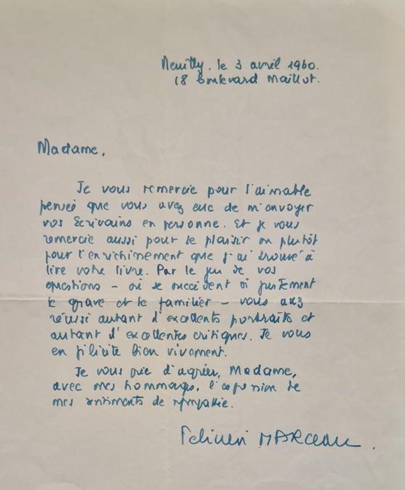 MARCEAU (Félicien). | Deux lettres autographes signées adressées à Madeleine Chapsal.