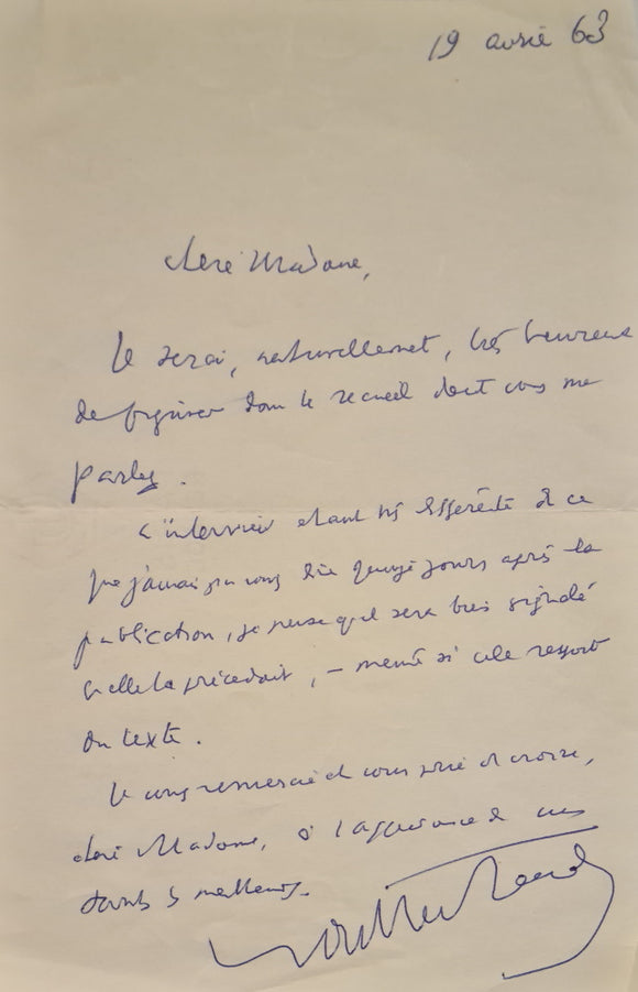 MONTHERLANT (Henry de). | Lettre autographe signée adressée à Madeleine Chapsal.