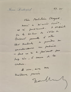 DUTOURD (Jean). | Lettre autographe signée adressée à Madeleine Chapsal (une page in-8, datée du 12 novembre 1982, enveloppe conservée).