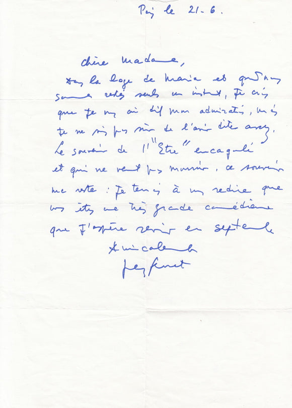 GENET (Jean). | Lettre autographe signée adressée à la comédienne Laurence Bourdil.