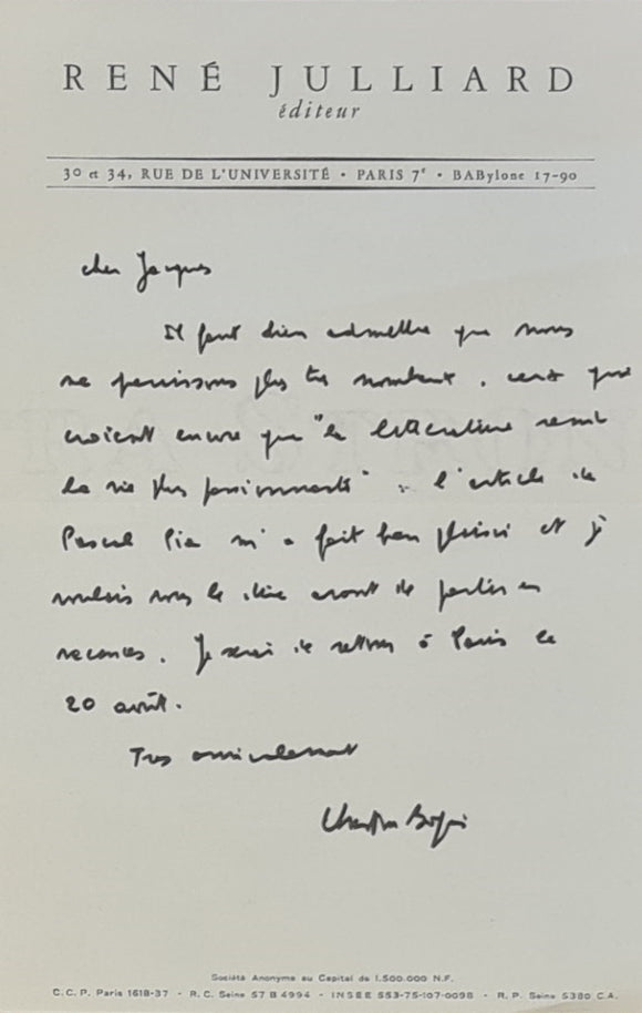 BOURGOIS (Christian). | Correspondance adressée à Jacques Brenner.