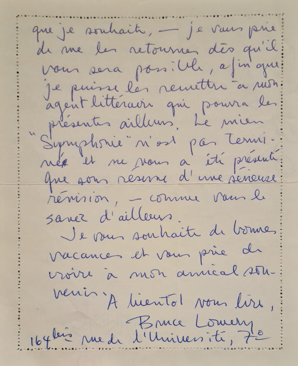LOWERY (Bruce). | Réunion de 3 lettres signées adressées à Jacques Brenner.