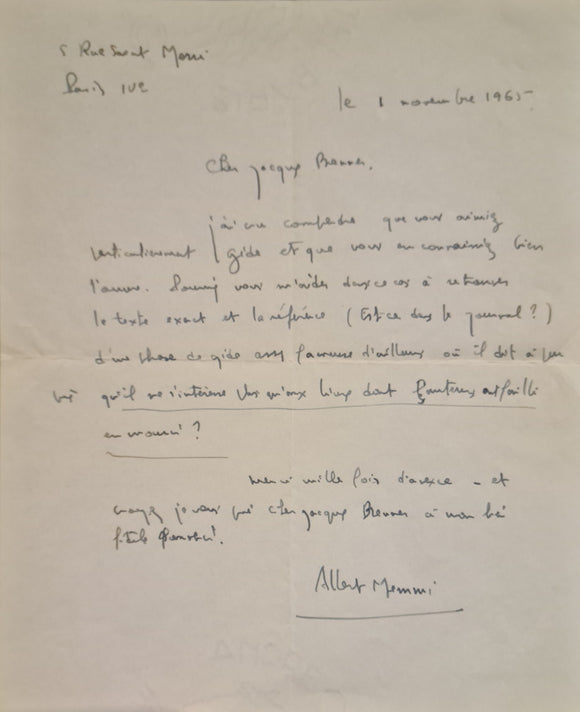 MEMMI (Albert). | Réunion de 3 lettres autographes signées adressées à Jacques Brenner.