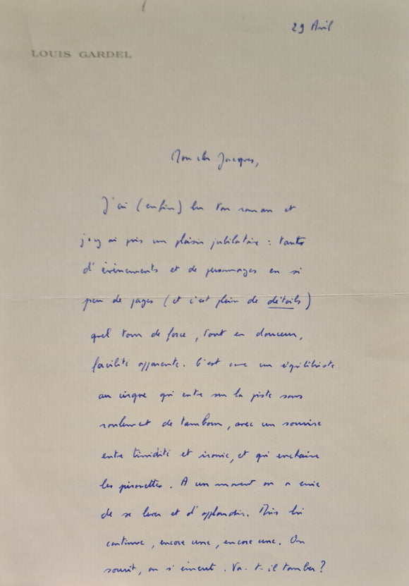 GARDEL (Louis). | Lettre autographe signée adressée à Jacques Brenner.