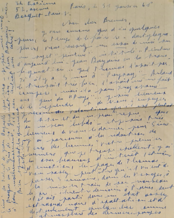 ESTIENNE (Charles). | Réunion de deux lettres autographes signées adressées à Jacques Brenner.