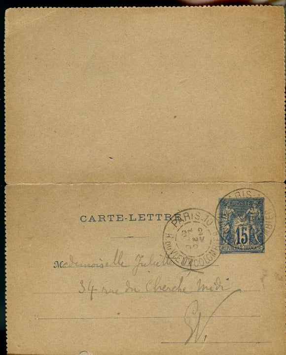 HUYSMANS (Joris Karl). | Billet autographe signé à sa demi-soeur Juliette Og sur une carte-lettre oblitérée, s.d. (1892).