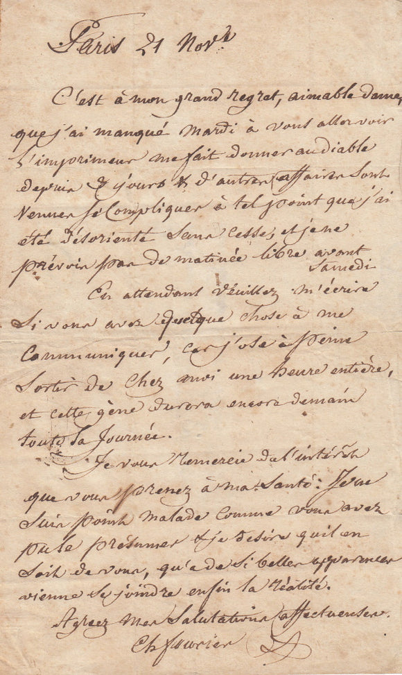 FOURIER (Charles). | Lettre autographe signée adressée à Caroline Thibaut.
