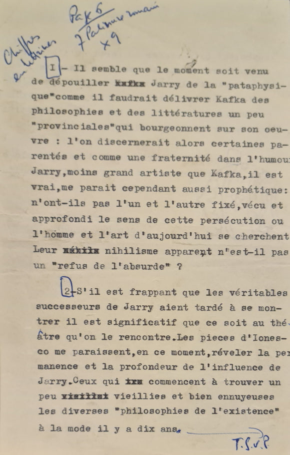 JARRY DUVIGNAUD (Jean). | Tapuscrit sur la parenté de Jarry avec Kafka.