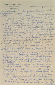 CLOT (René-Jean). | Lettre autographe signée adressée à Jacques Peuchmaurd de la revue "Arts".