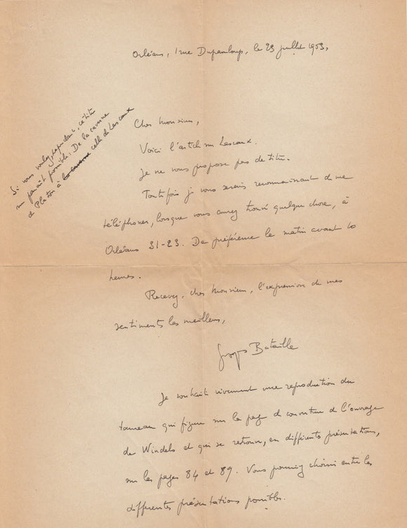 BATAILLE (Georges). | Réunion de 4 lettres autographes signées adressées à Jacques Peuchmaurd.