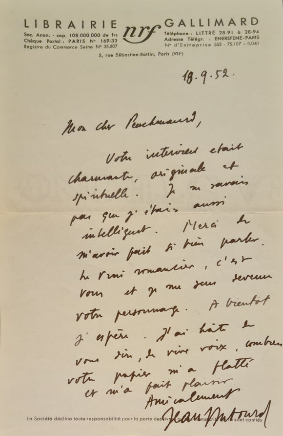 DUTOURD (Jean). | Lettre autographe signée adressée à Jacques Peuchmaurd de la revue 