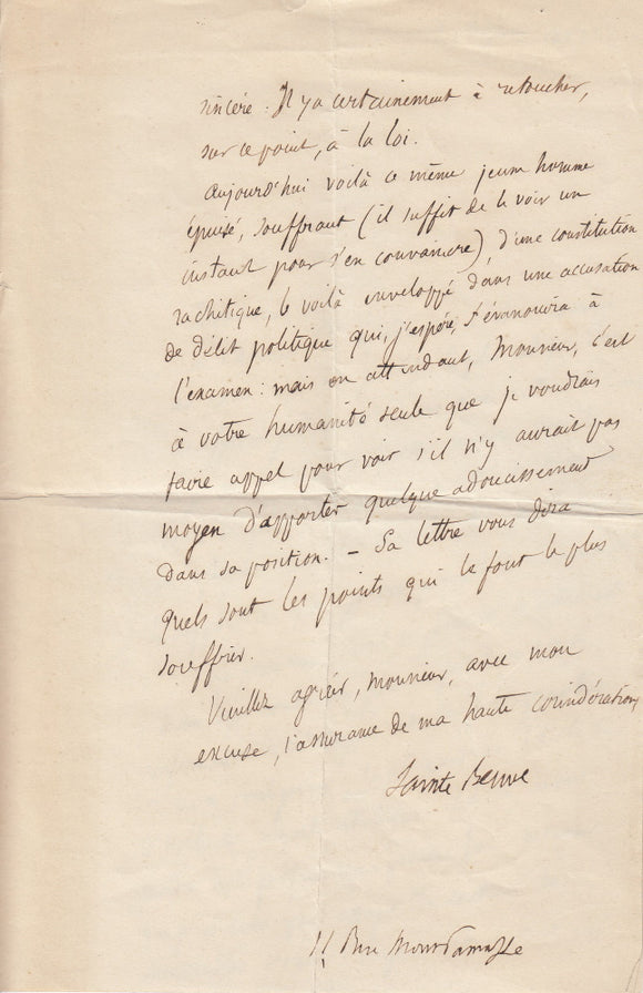 SAINTE-BEUVE (Charles Augustin). | Lettre autographe signée adressée à Monsieur de Gonet, juge d'instruction.