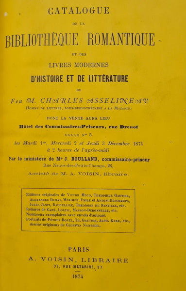 ASSELINEAU | Catalogue de la bibliothèque romantique et des livres modernes d'histoire et de littérature de feu M. Charles Asselineau...