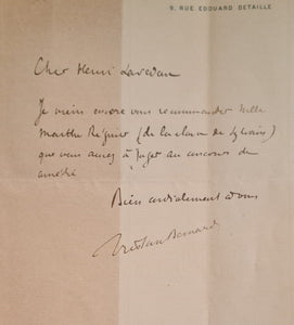 BERNARD (Tristan). | Billet autographe signé adressé à Henri Lavedan (une page in-12, à l'adresse du 9, rue Edouard Detaille, vers 1902).
