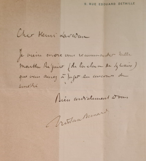 BERNARD (Tristan). | Billet autographe signé adressé à Henri Lavedan (une page in-12, à l'adresse du 9, rue Edouard Detaille, vers 1902).
