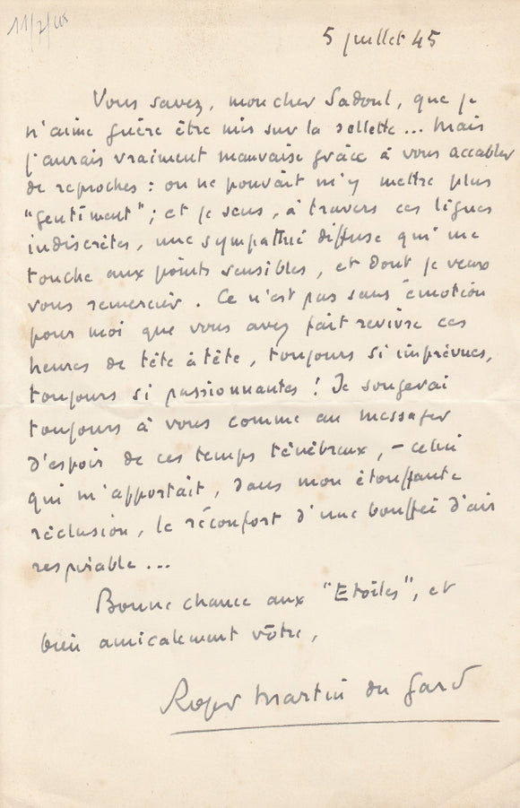 MARTIN DU GARD (Roger). | Deux lettres autographes signées adressées à Georges Sadoul.