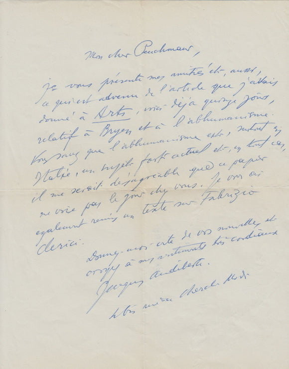 AUDIBERTI (Jacques). | Lettre autographe signée adressée à Jacques Peuchmaurd de la revue Arts et tapuscrit d'un article sur Camille Bryen.