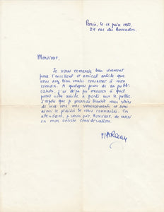 MARCEAU (Félicien). | Lettre autographe signée adressée à Jacques Peuchmaurd de la revue Arts.