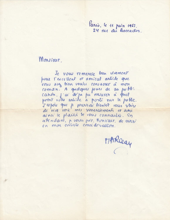 MARCEAU (Félicien). | Lettre autographe signée adressée à Jacques Peuchmaurd de la revue Arts.
