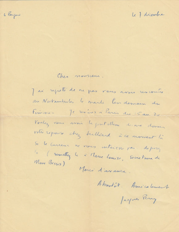 PERRY (Jacques). | Lettre autographe signée adressée à Jacques Peuchmaurd de la revue Arts.
