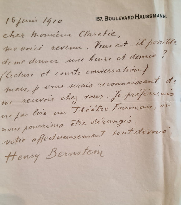 BERNSTEIN (Henry). | Deux lettres autographes signées adressées à Jules Claretie.