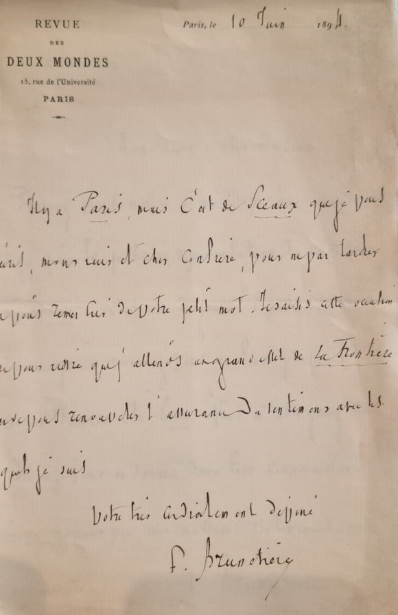 BRUNETIERE (Ferdinand). | Deux lettres autographes signées adressées à Jules Claretie.