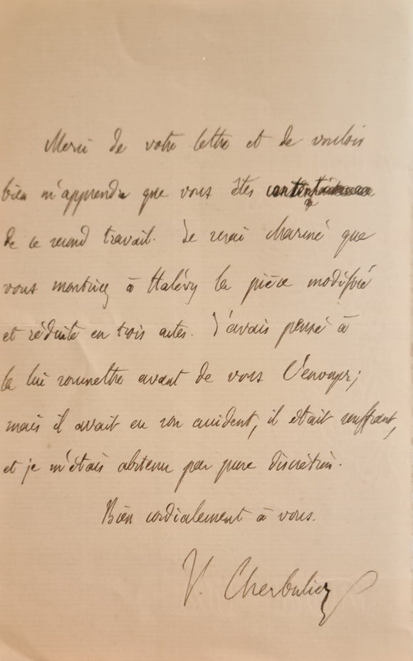 CHERBULIEZ (Victor). | Un lettre autographe signée et un carte de visite autographe signée adressées à Jules Claretie.