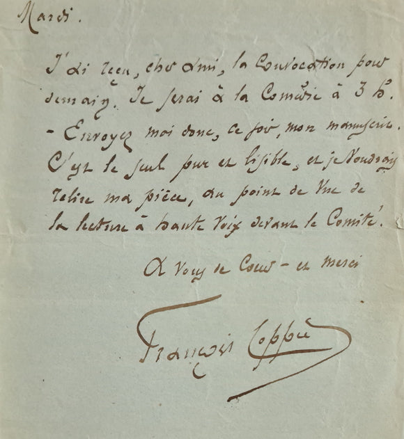 COPPEE (François). | Réunion de deux billets et d'un télégramme autographes signés adressés à Jules Claretie.