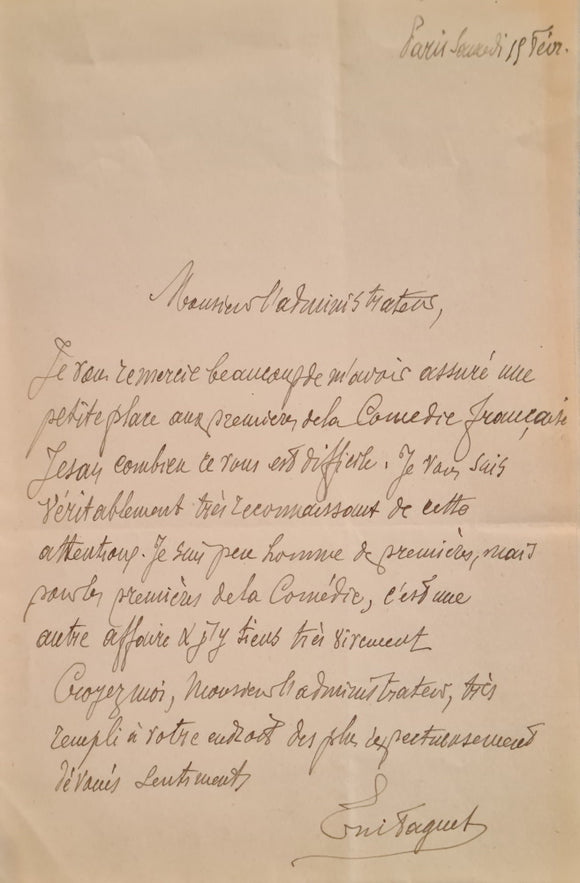 FAGUET (Emile). | Lettre autographe signée adressée à Jules Claretie.