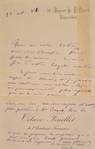 FEUILLET (Octave). | Une lettre autographe signée et une carte de visite signée adressées à Jules Claretie.