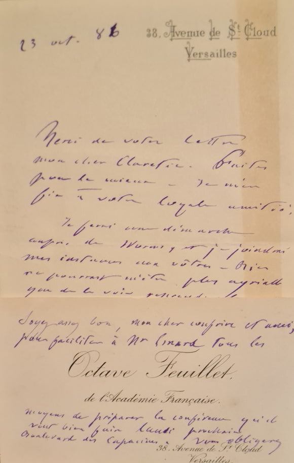 FEUILLET (Octave). | Une lettre autographe signée et une carte de visite signée adressées à Jules Claretie.