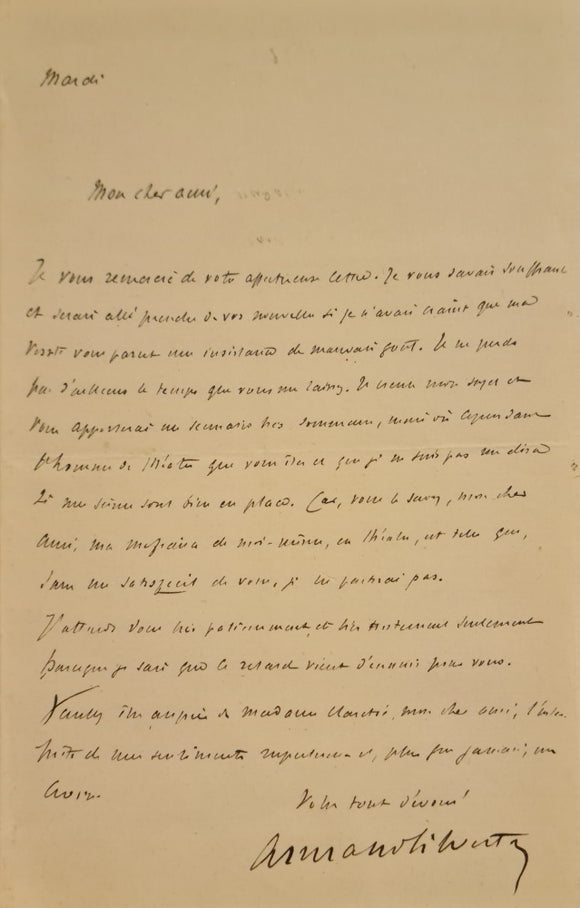 SILVESTRE (Armand). | Une lettre, un billet et une carte de visite autographes signés adressés à Jules Claretie.