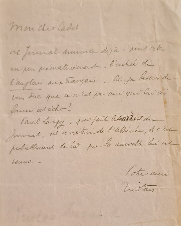 BERNARD (Tristan). | Carte-lettre autographe signée 