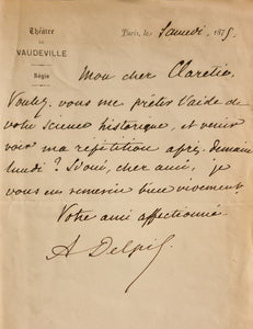 DELPIT (Albert). | Lettre autographe signée adressée à Jules Claretie.