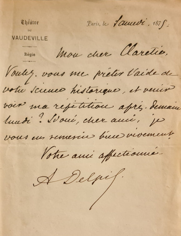 DELPIT (Albert). | Lettre autographe signée adressée à Jules Claretie.