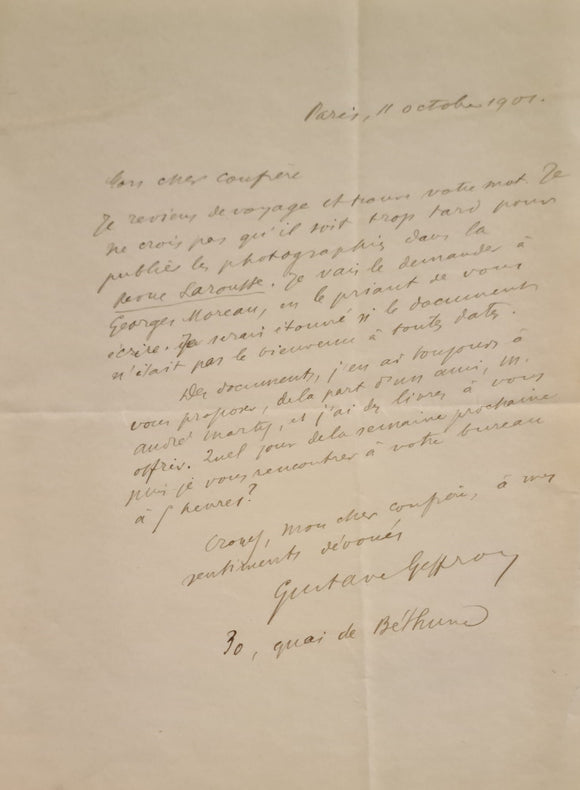 GEFFROY (Gustave). | Lettre autographe signée adressée à Jules Claretie.