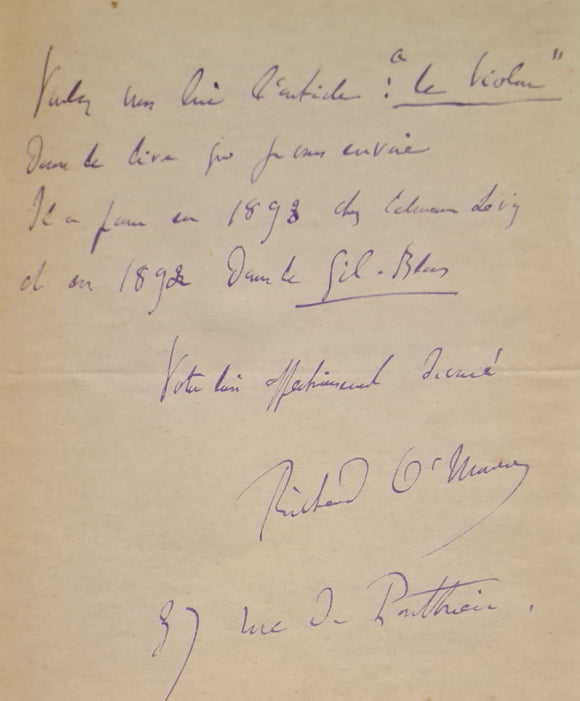 O'MONROY (Richard). | Lettre autographe signée adressée à Jules Claretie.