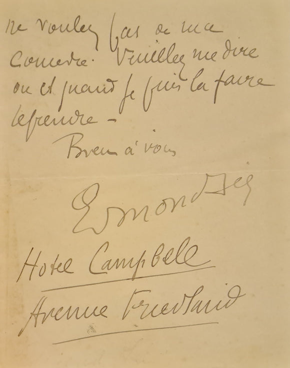 SEE (Edmond). | Lettre autographe signée adressée à Jules Claretie.