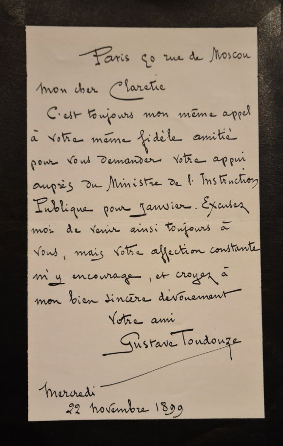 TOUDOUZE (Gustave). | Lettre autographe signée adressée à Jules Claretie.